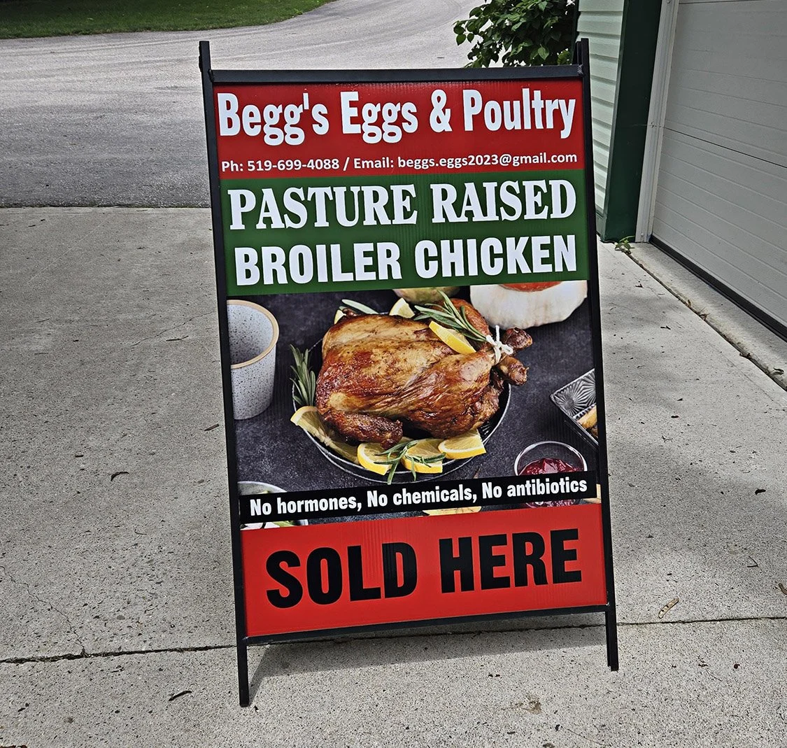 Printed A-frame sign advertising farm products
